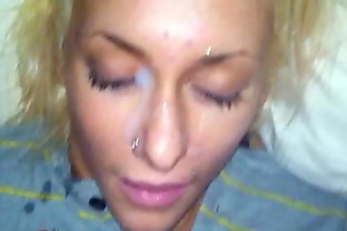 Cumshot on Haydens face while shes sleeping