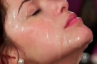 Naughty stunner gets cum load on her face swallowing all the jizz