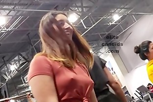 Braless teen in gym showing off her perfect nipples