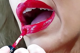 100% Natural Big Lipped skinny wife applying long lasting red lipstick, sucking and deepthroating my cock untill she receives a creamy reward - couplesdelight