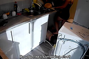 Horny wife seduces a plumber in the kitchen while her husband at work. 7 min