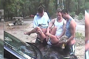 Swinger couple gets joined by 2 guys during car sex in a public parking lot!