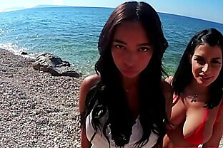 Sofia & Rosa: two Greek beauties enjoy a naughty threesome at the beach (FULL SCENE)!  20 min