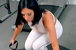 Hot busty chick fucks with her trainer in ripped yoga pants 6 min