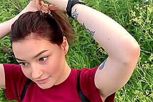 public outdoor blowjob with creampie from shy girl in the bushes - Olivia Moore