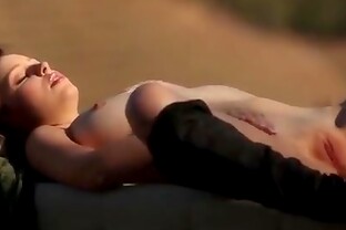 Beautiful brunette with big tits outdoors