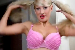 Curvy blonde in pink panties strips solo