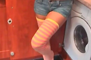 Teen in striped socks masturbating