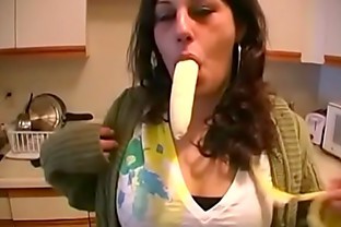 Native American Indian girl dared to suck a large banana ends up giving big black cock blowjob in the kitchen
