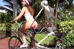 CamSoda - Riding my dildo and masturbating to orgasm in public on my skeleton bike