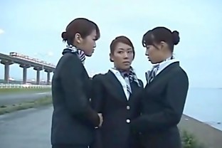 3 Japanese Lesbian Airline Stewardess Girls Kissing!